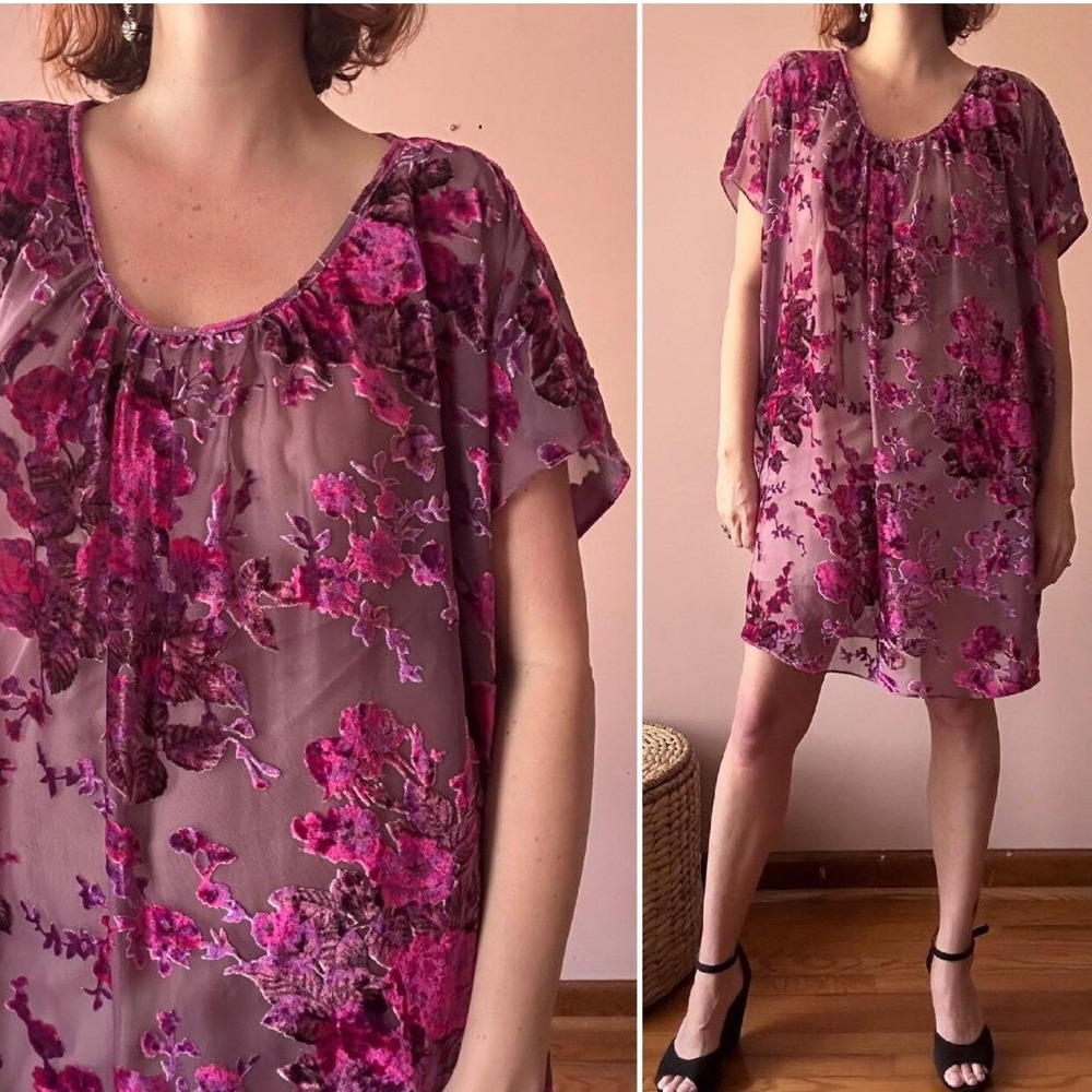 Vintage 90s Betsey Johnson Velvet Burnout Mesh Floral Sheer Dress Pink Shift